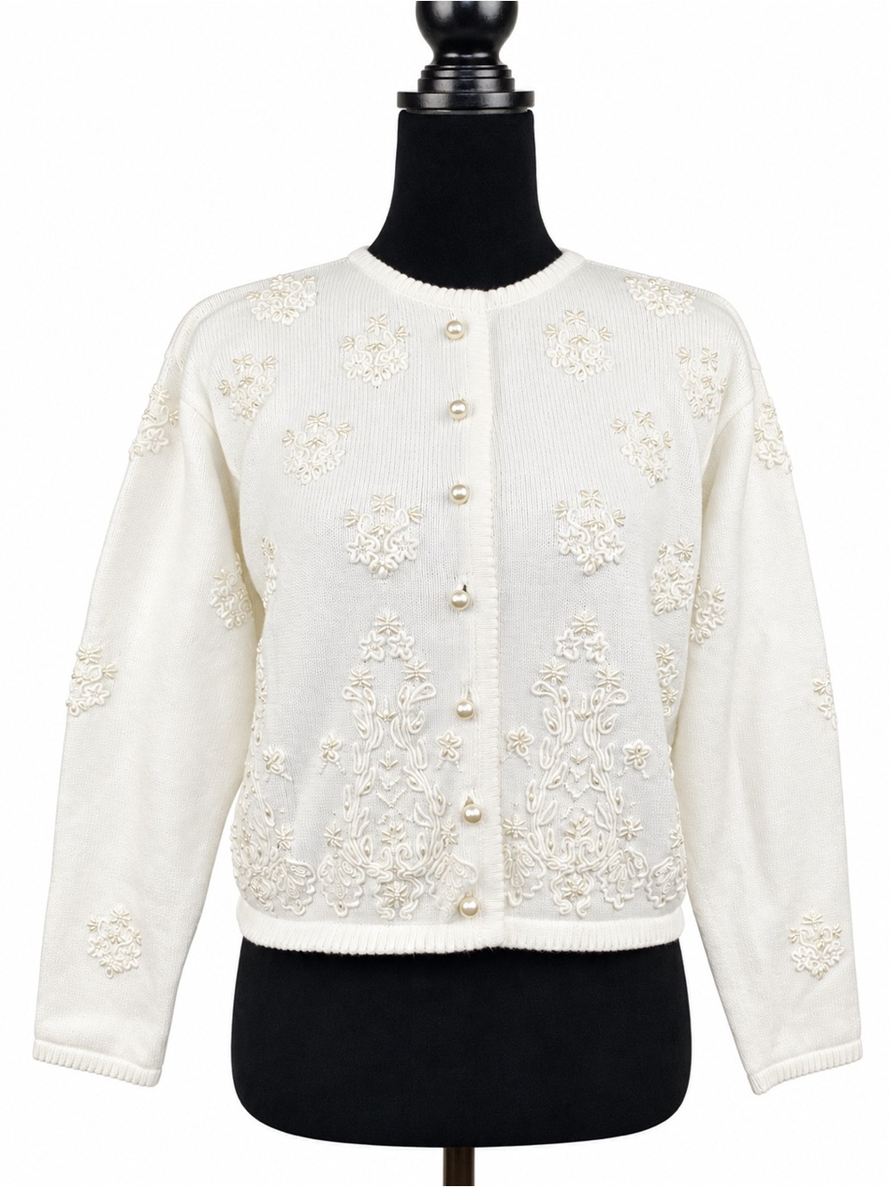 Vintage 1980s Liz Claiborne White Embroidered Beaded Pearl Cardigan Size Small
